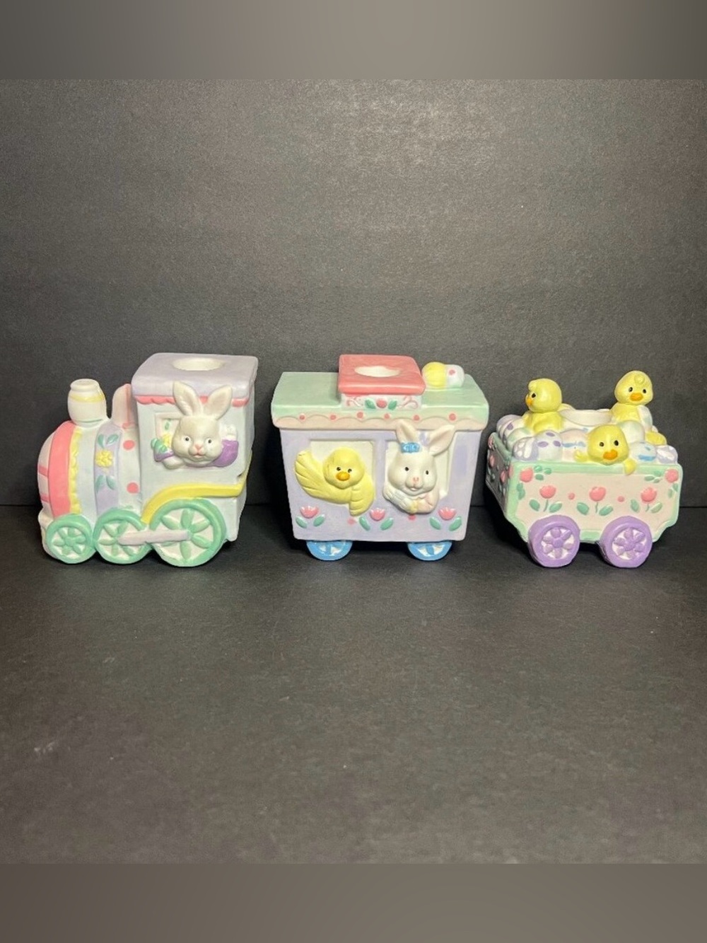Vintage 3pc Hand Painted Porcelain Easter Bunny & Chick Candle Holder Train Set